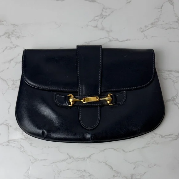 Vintage GUCCI Navy Leather Horsebit Clutch - Picture 1 of 4